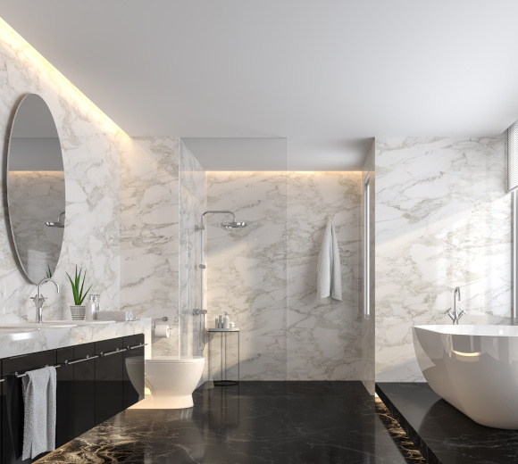 Luxury bathroom with black marble floor and white marble wall 3d
